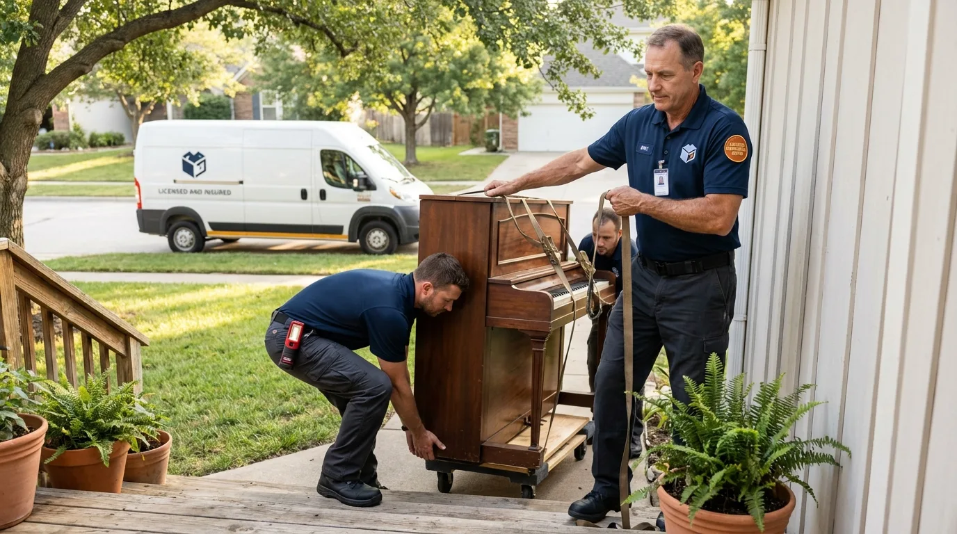 Licensed piano movers securing grand piano in Lake Pleasant, NY