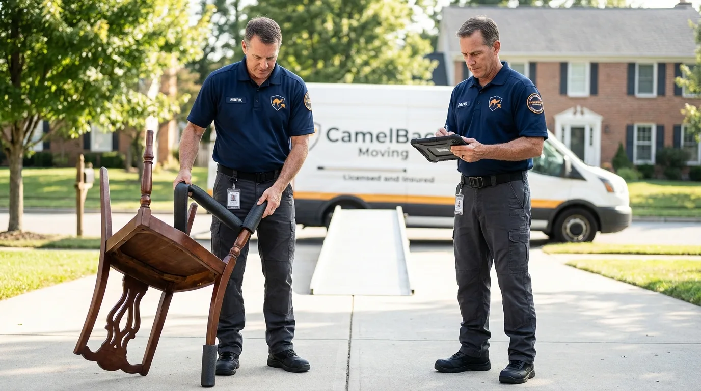 Movers inspecting furniture for damage prevention before loading in Lake Pleasant, NY