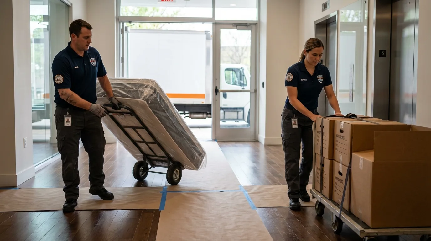 Professional apartment movers loading elevator in Lake Pleasant, NY