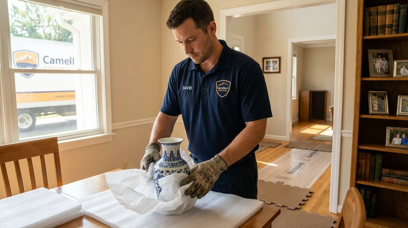 Professional crew carefully wrapping antique vase for senior downsizing move in Lake Pleasant, NY